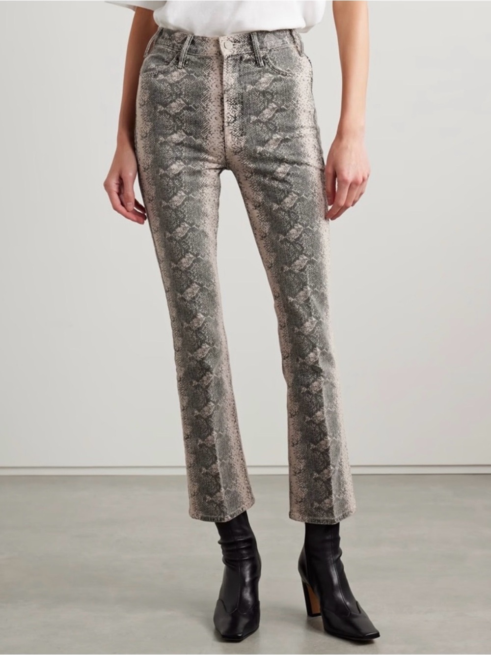 MOTHER Snake Print Ankle Jeans in Gray and Cream